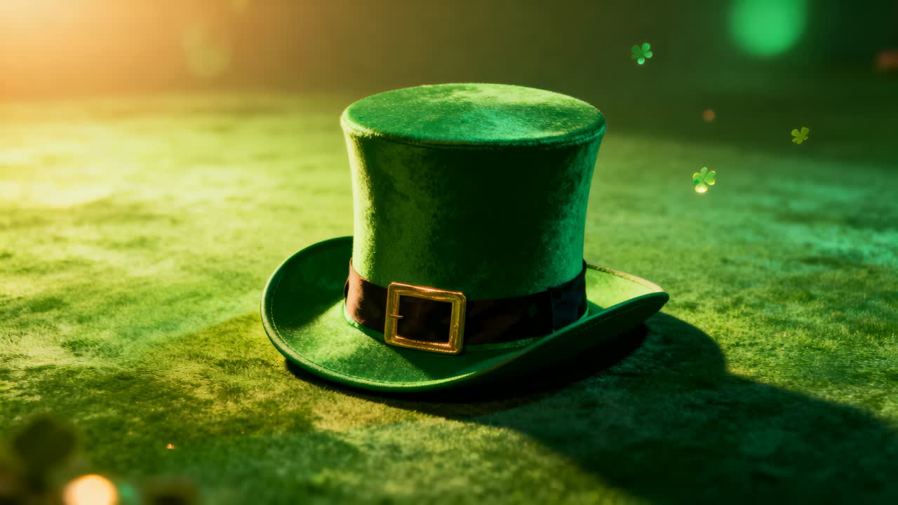 Casting left rim light, summoning shamrocks, velvet hat with brass buckle resting on moss table