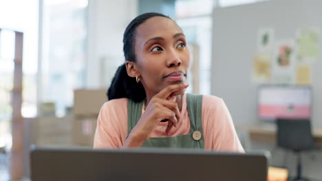 laptop, thinking and black woman in home