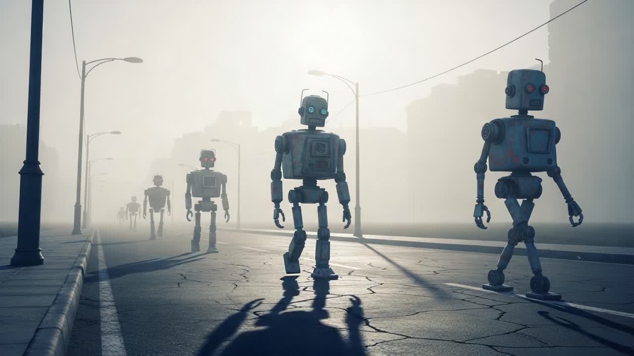 A surreal scene depicting a group of humanoid robots wandering through a foggy urban landscape, capturing the essence of technology and solitude in a dystopian setting