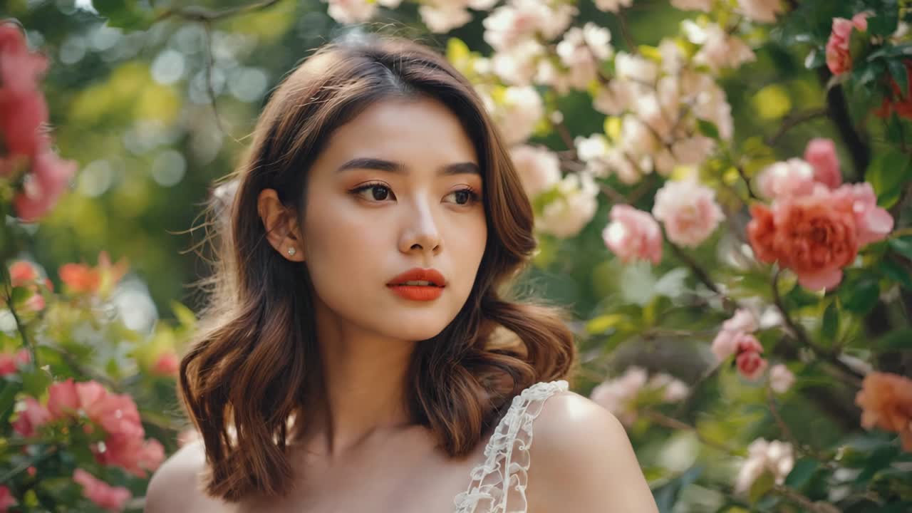 Portrait of a beautiful woman in a garden full of flowers
