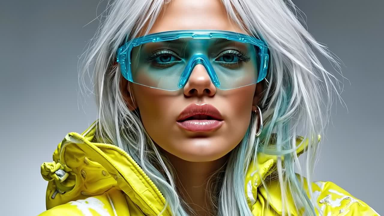 A woman with white hair wearing a yellow jacket and blue goggles