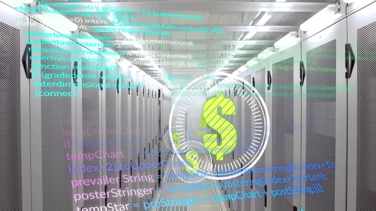 달러 기호의 애니메이션, 컴퓨터 서버를 통해 디지털 데이터 처리