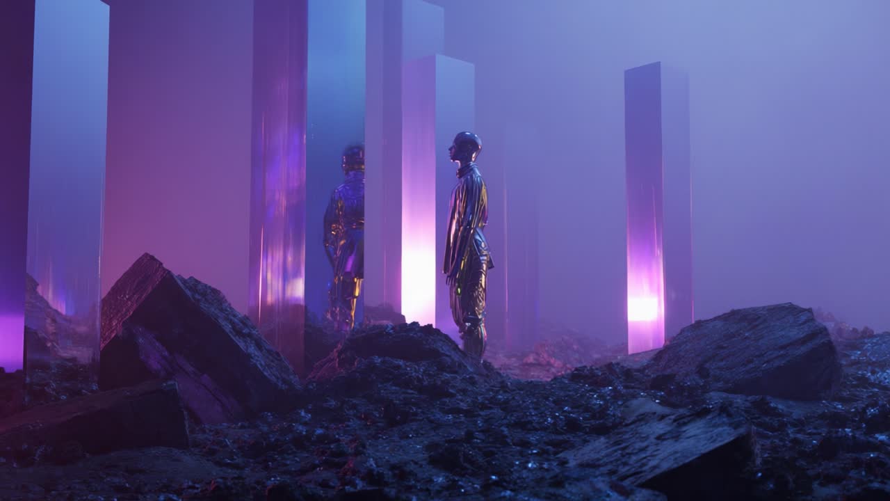 Futuristic Landscape with Androids and Monoliths