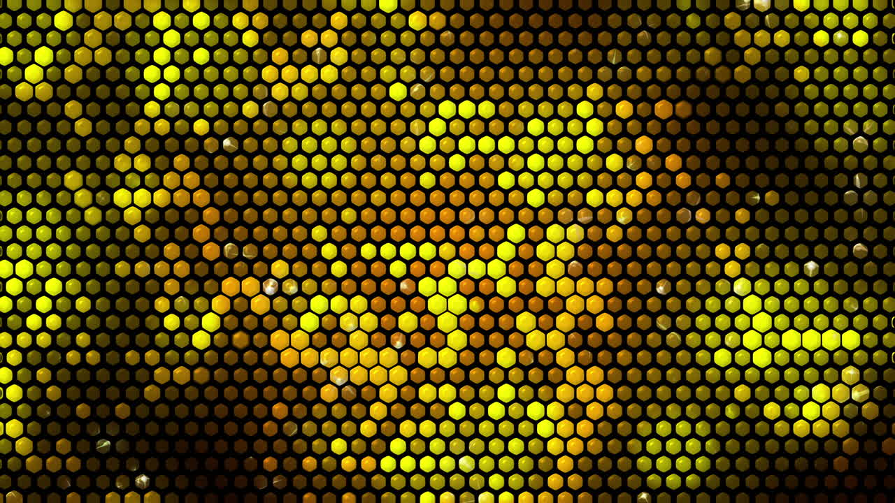 Cheerful yellow honeycomb pattern background with geometric shapes. Looped cartoon animation backdrop.