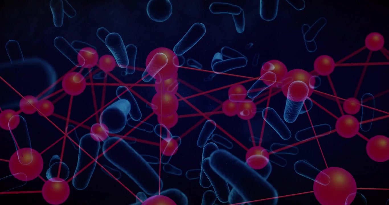 Ao iniciar, rede 3D mostrando nós vermelhos se conectando e pulsando enquanto hastes azuis flutuam exibindo crescimento.