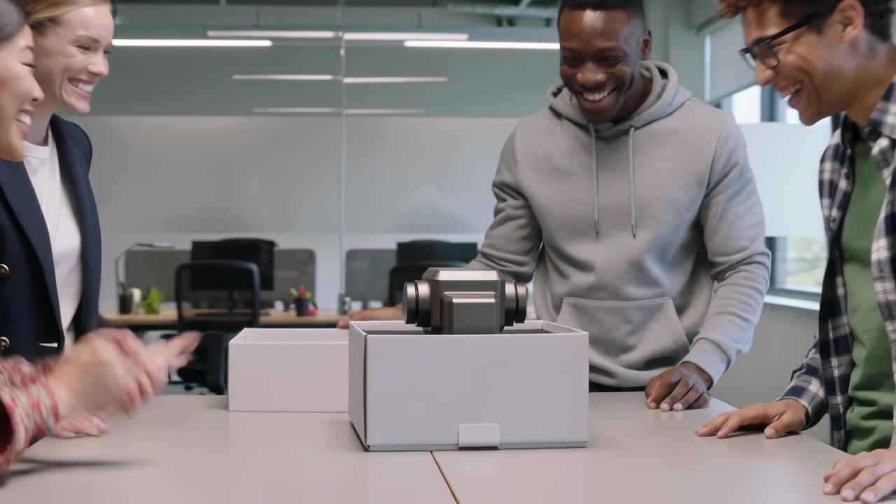 Man in gray hoodie reaching, opening white cardboard box in office, team clapping to inspect device
