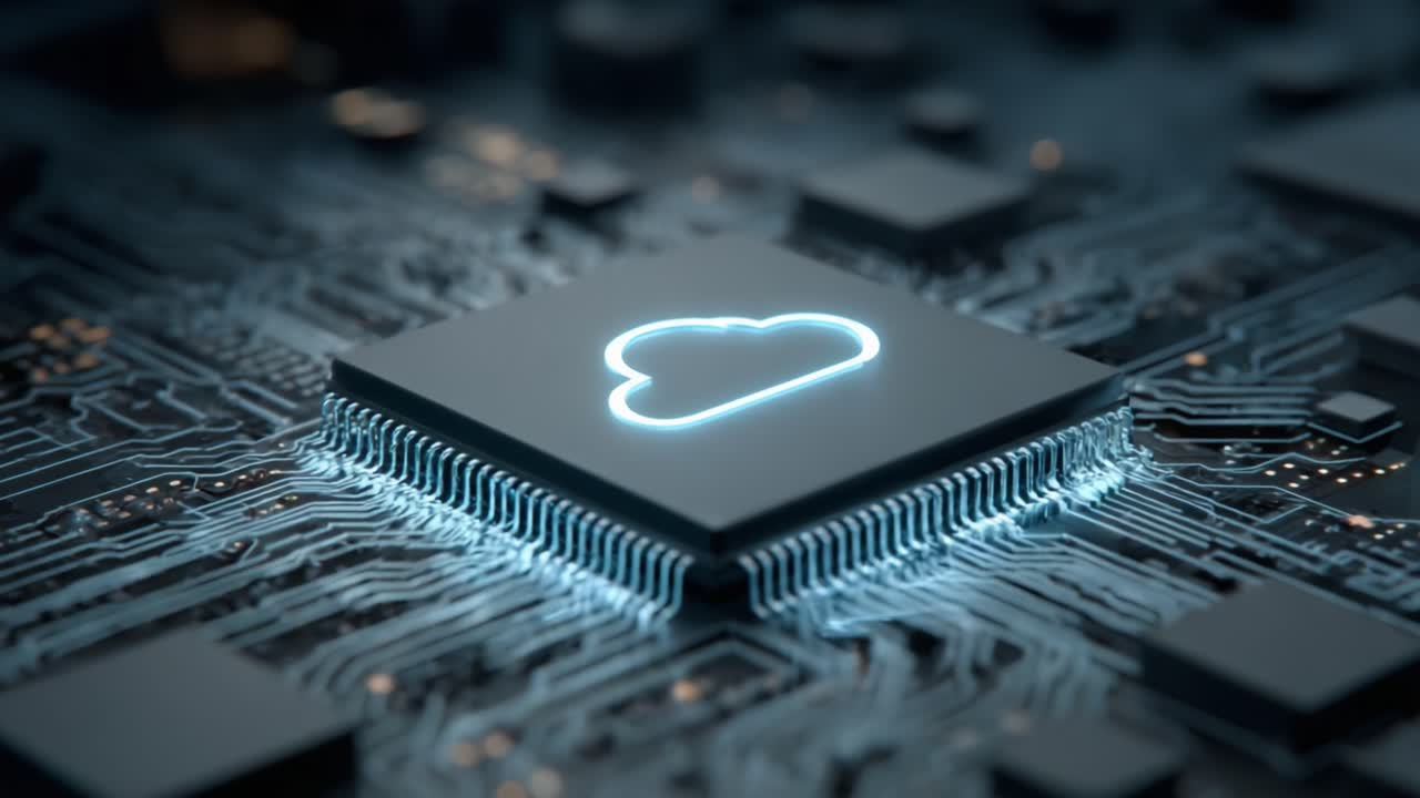Advanced Microchip Technology Featuring an Illuminated Cloud Symbol, Representing Modern Cloud Computing Innovations in High-Tech Circuitry Design