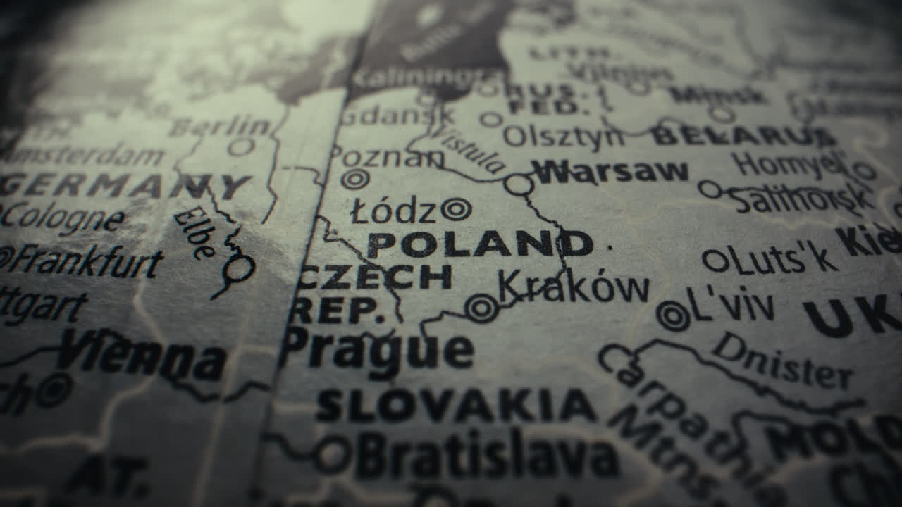 Close-up of a map of Central Europe, highlighting Poland and the Czech Republic