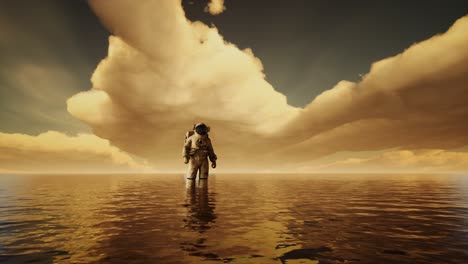 Spaceman-in-the-sea-under-clouds-at-sunset