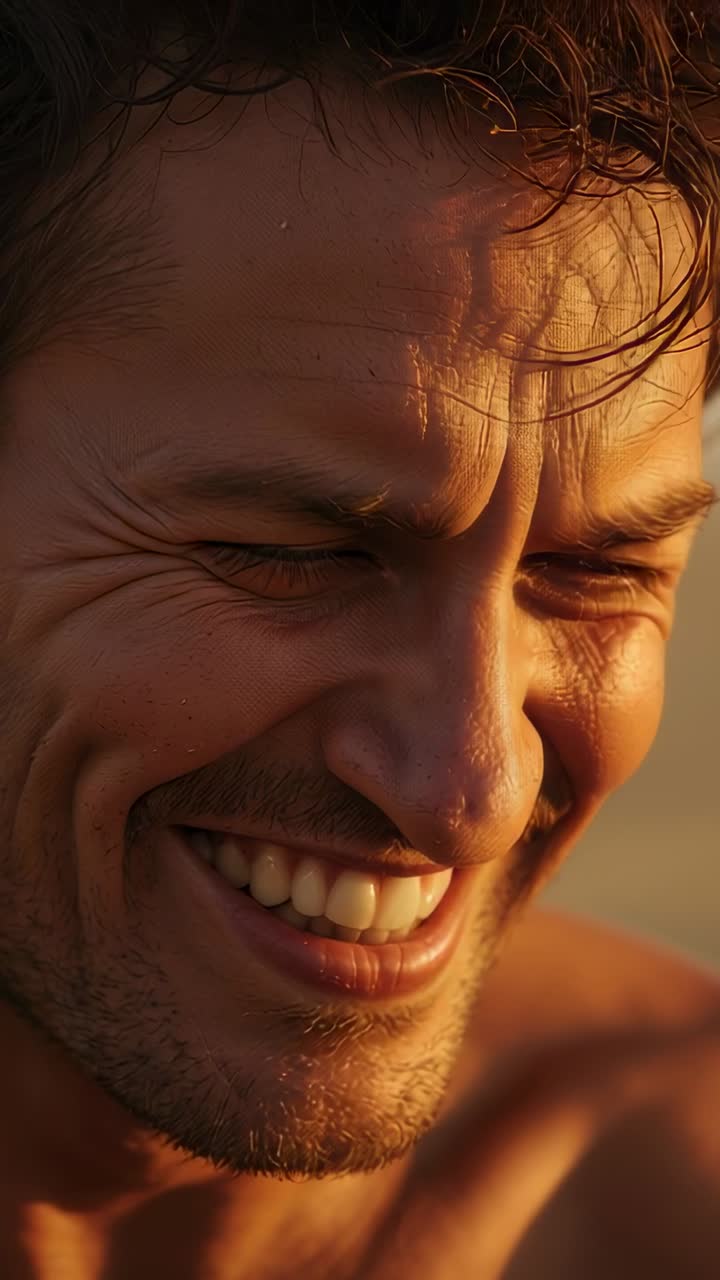 Video verticale: uomo sorridente a torso nudo che nota un segnale, spostando l'attenzione verso uno sguardo concentrato sulla spiaggia, con goccioline