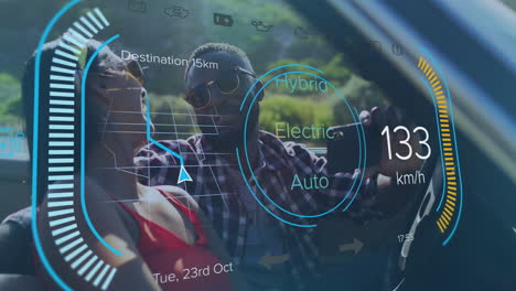 In car, couple using futuristic dashboard animation showing speed and destination