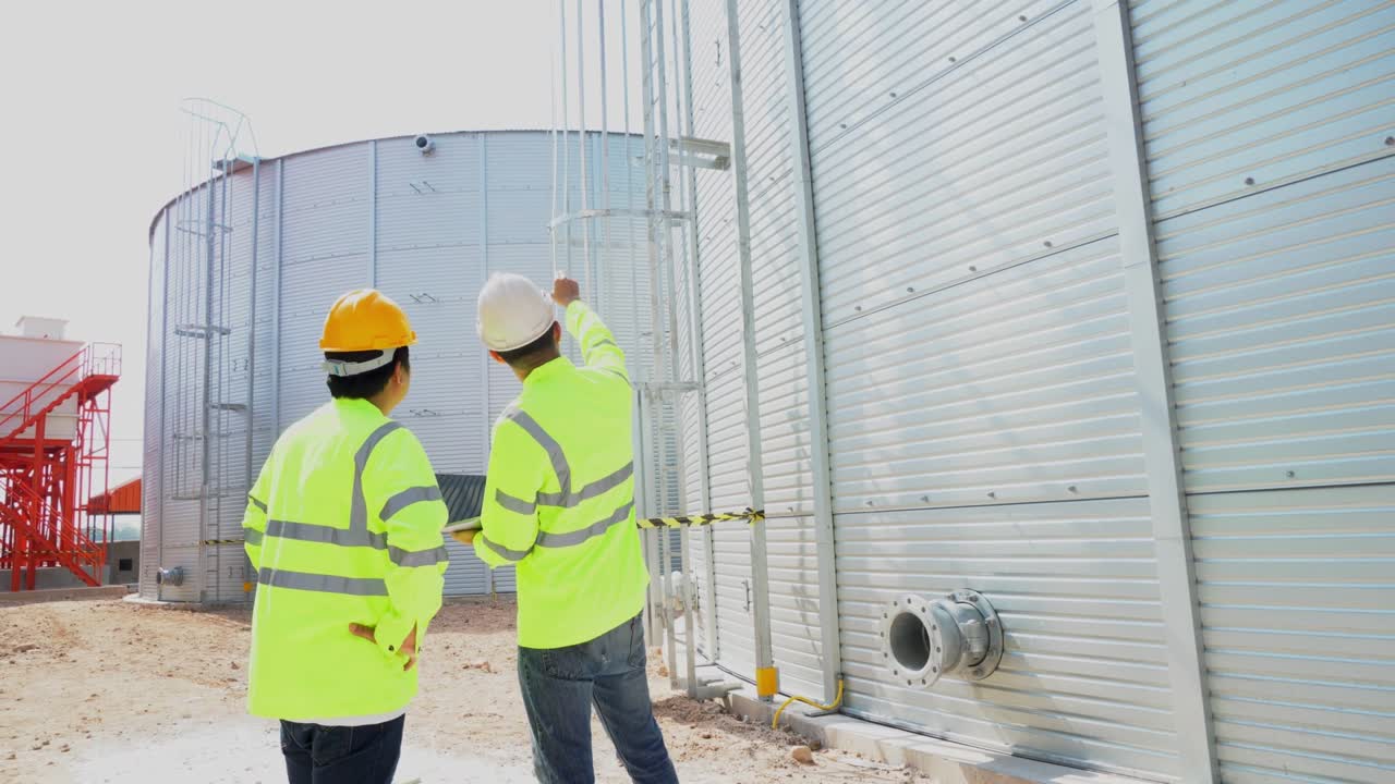 trabajo en equipo ingeniero civil examinar la construcción de tanques de agua chapa de acero para el almacenamiento de agua del grifo de la propiedad industrial. servicios públicos de la industria.