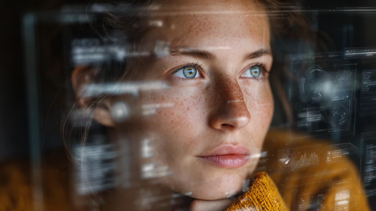 A young woman with striking blue eyes thoughtfully gazes into the distance, surrounded by futuristic digital graphics and information, evoking a sense of curiosity and introspection