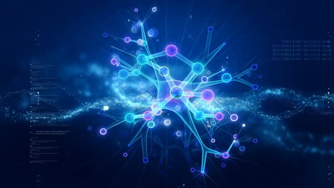 abstract glowing molecular or neural network structure on a digital blue background