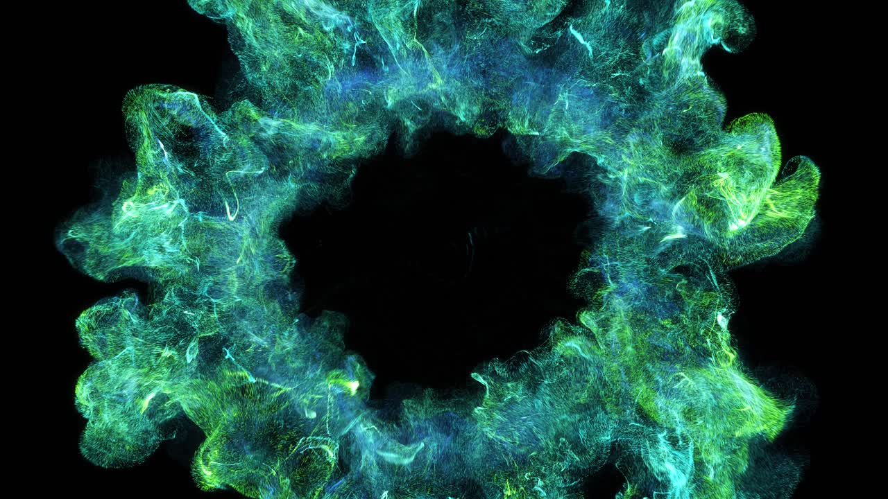 Partículas abstractas azules y verdes arremolinándose y expandiéndose sobre fondo negro