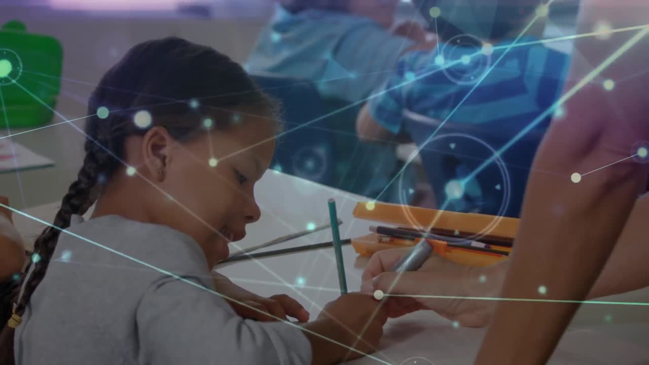 animación de la red de conexiones entre diversos escolares que aprenden en el aula