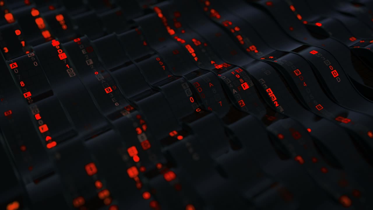 Red hexadecimal code on wavy flexible displays seamless loop 3D render animation