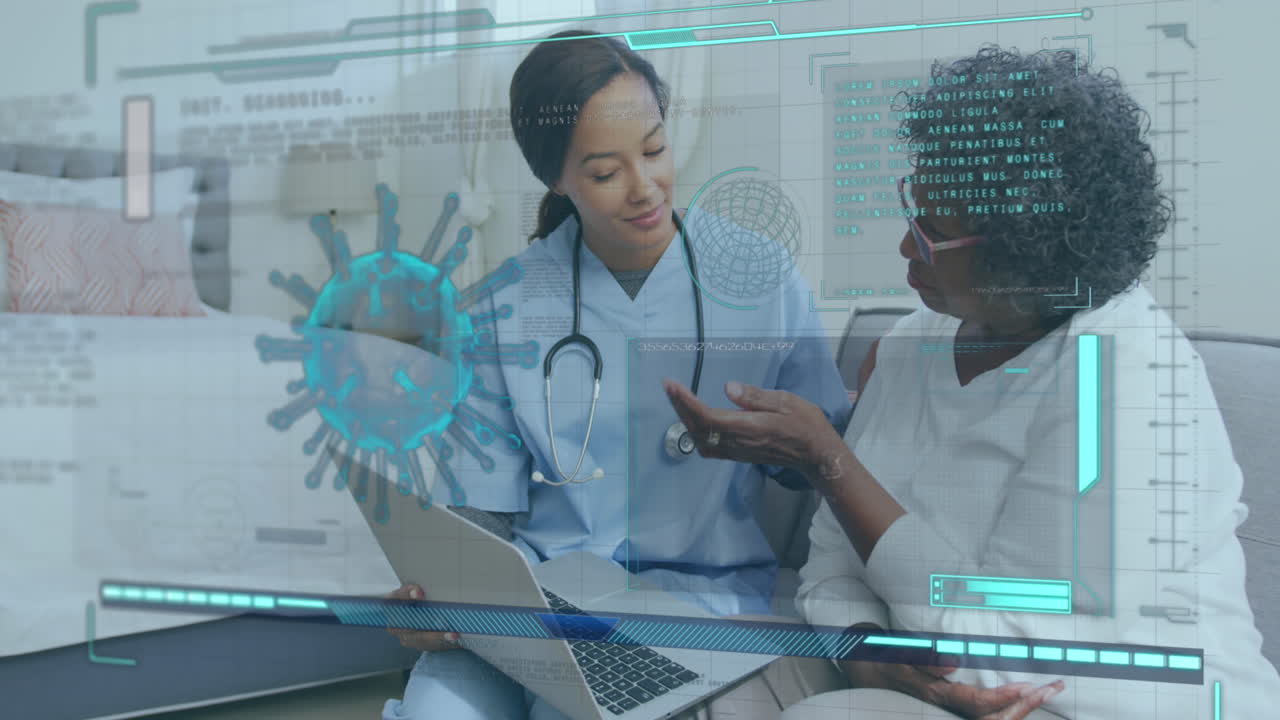 Animation of covid 19 cell and medical data processing over female doctor with senior patient