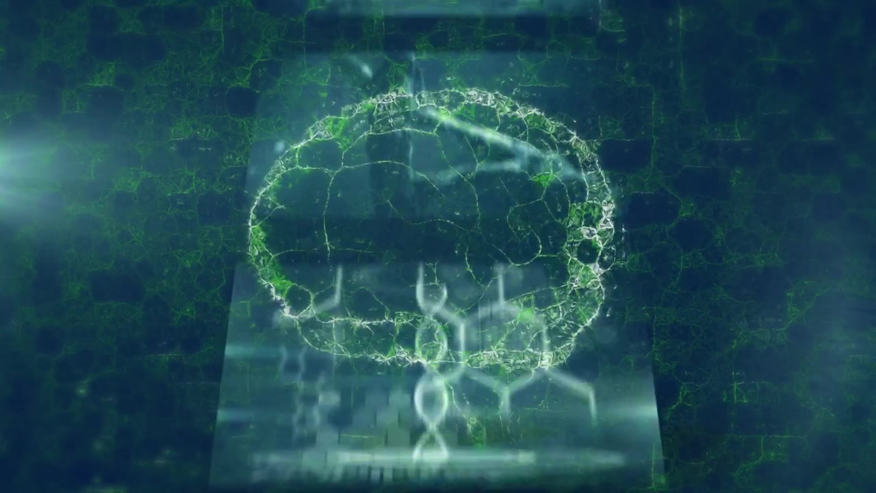 Animation of brain rotating over blue background with diverse data on moving screens