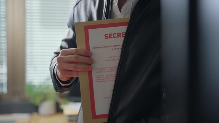 Man unzips leather jacket, discreetly pulling out a secret folder. Secrecy, espionage, covert operations, or confidential dealings. Classified information, crime, business, or intelligence operations.