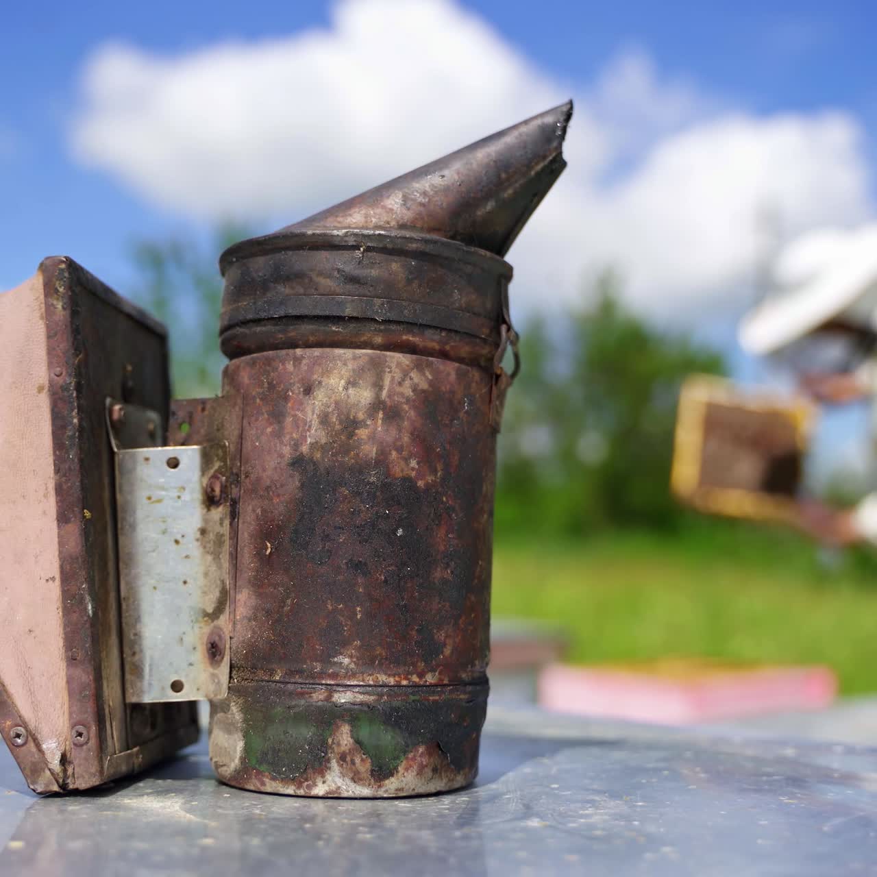 Old chimney on the apiary. Smoker on a hive on nature background under blue sky. Apiarist inspects bees. Close-up.