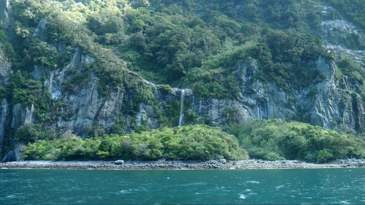 밀포드 사운드 (milford sound) 의 매혹적인 풍경에서 울창한 관목으로 우아하게 아지는 화려한 폭포.