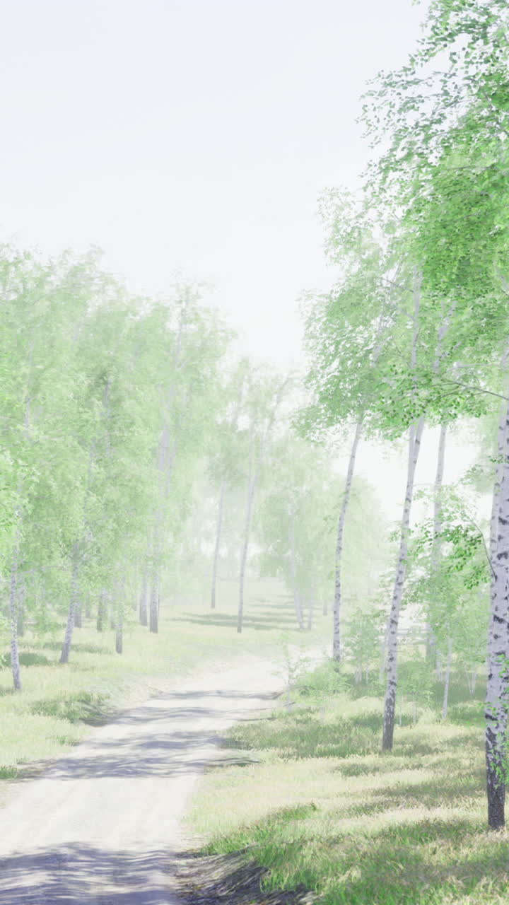 Sunlight filters through fresh green birch trees on a quiet forest path