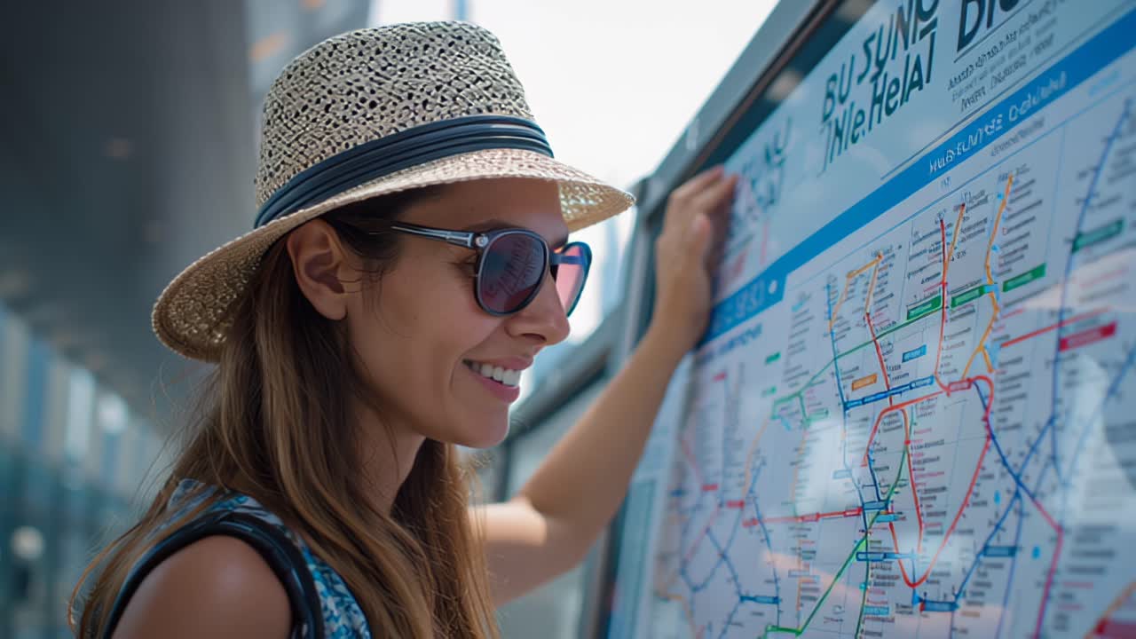Close-up footage of a young woman in hat and sunglasses checking a public transport route map at an urban bus stop, planning travel directions outdoors in daylight