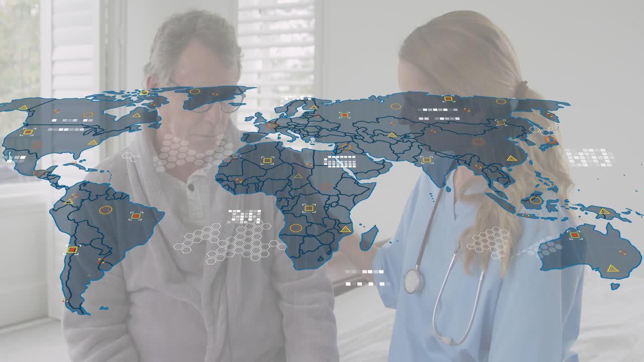 간호사가 환자의 어깨에 손을 얹고 상담 시 건강 데이터 맵 오버레이를 시작합니다