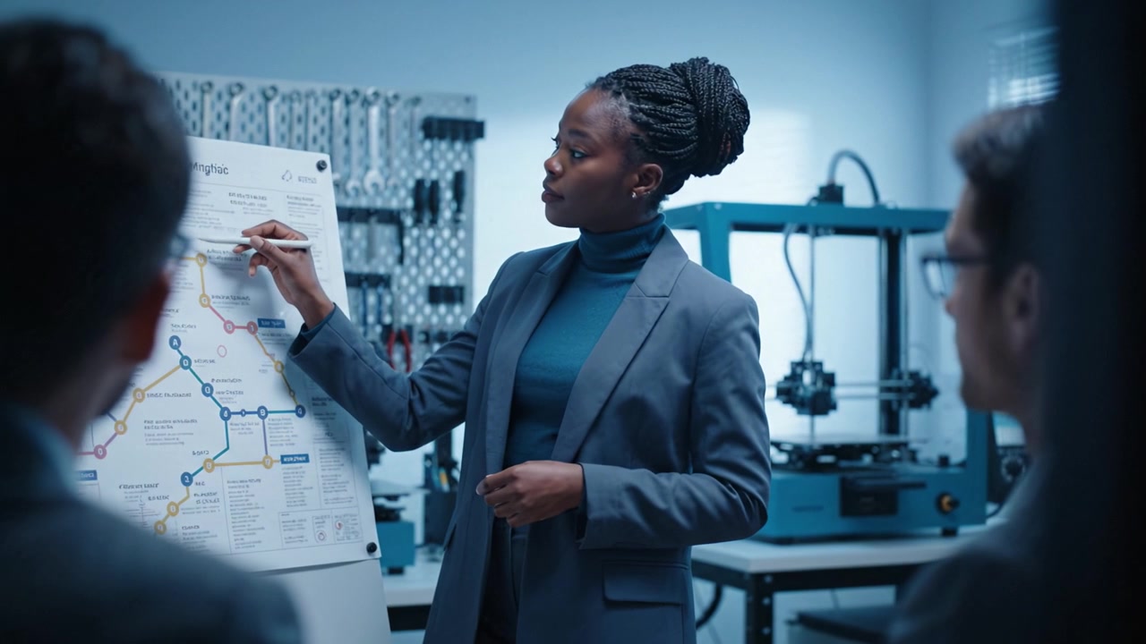 Professional woman leads a presentation using a technical diagram while engaging a focused audience in a modern workspace environment with advanced equipment.