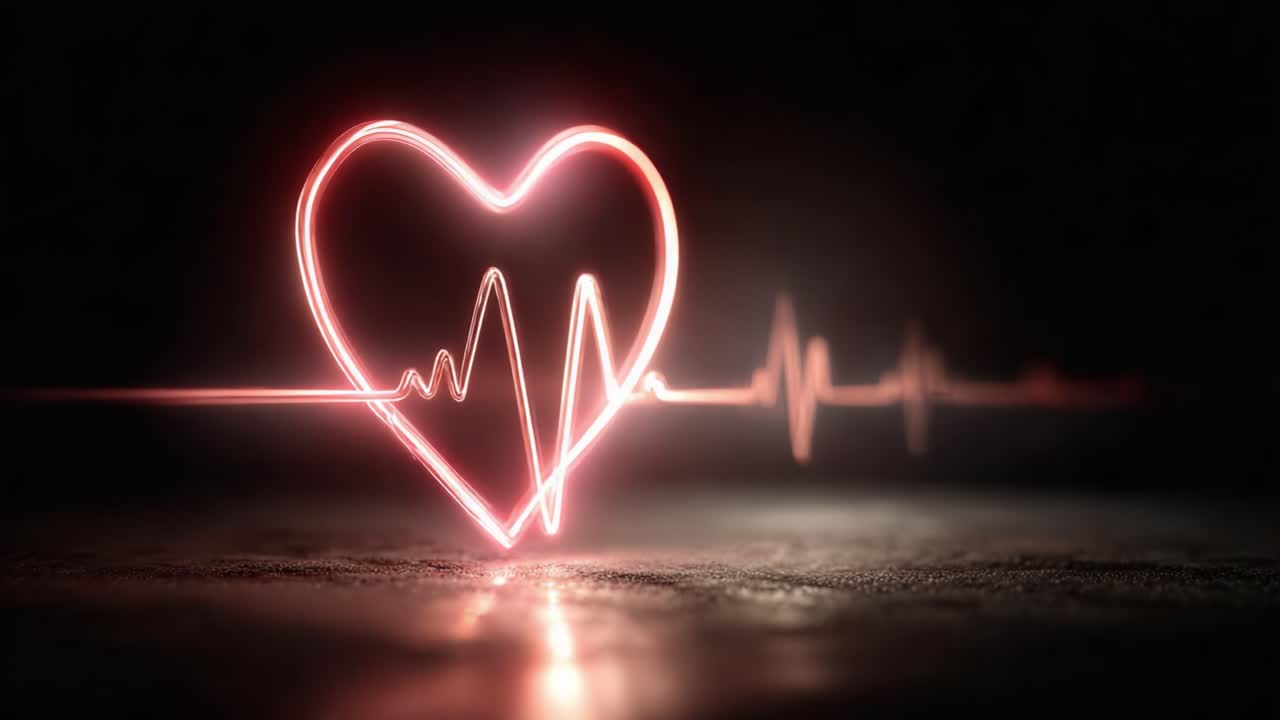 A Heartbeat Visualized: A Beautiful Glowing Heart and EKG Pulse Line in a Dark Environment, Symbolizing Life, Love, and Vitality Captured in Stunning Animation