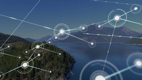 network of connections and data processing animation over mountainous landscape with lake