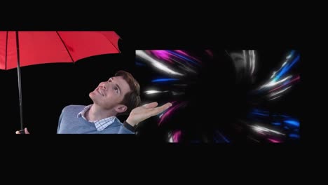 animation of happy caucasian man with red umbrella and colorful lights moving over black background