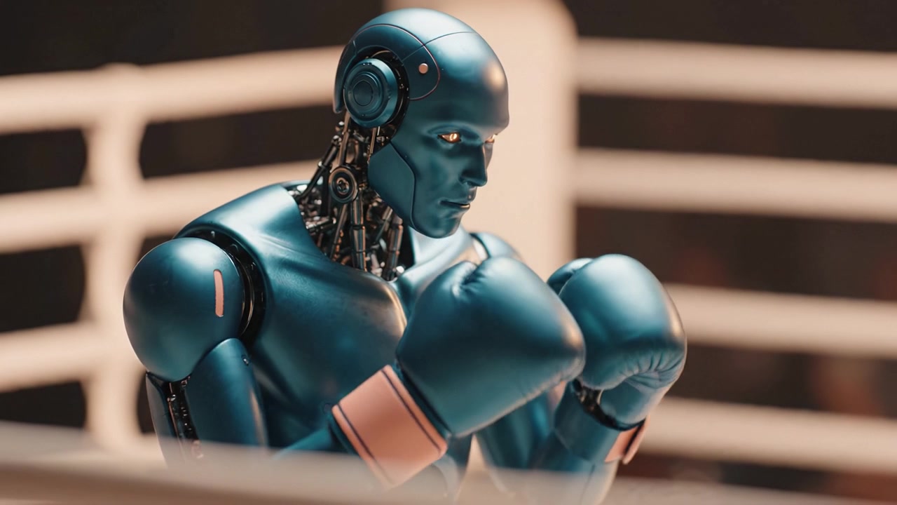 A Blue Robot Boxer Ready for Action in a Ring: A Futuristic Representation of Technology and Athleticism in Robotics and Sports