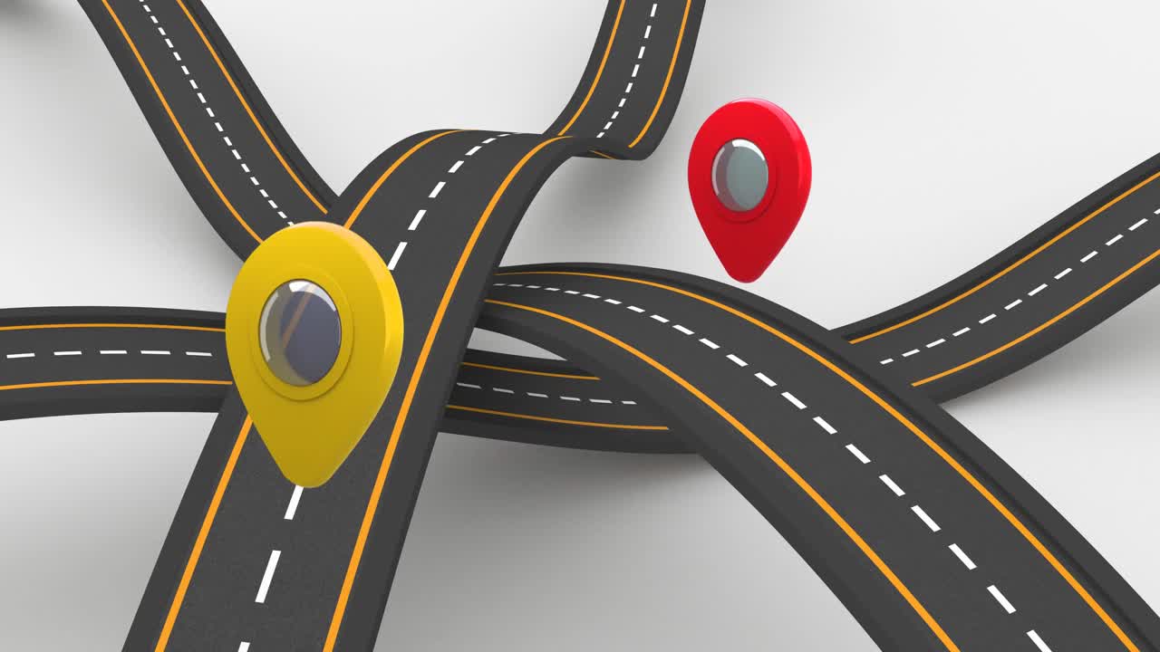 animação de marcas de localização sobre estradas em fundo branco