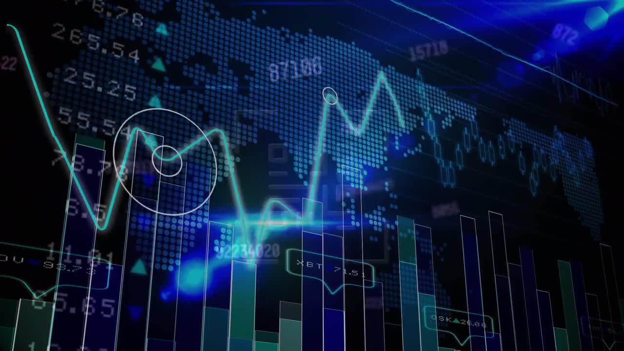 animazione dell'elaborazione dei dati e del codice qr su grafici e informazioni, su sfondo nero