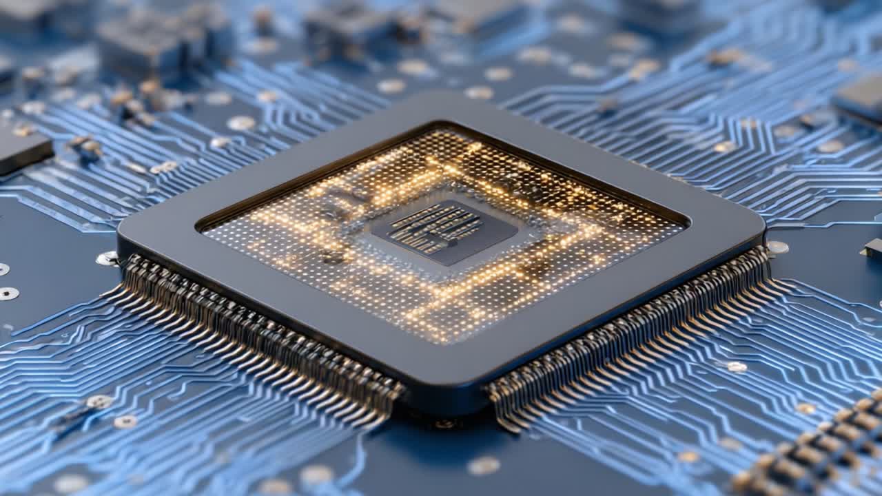 Close-Up View of a Microprocessor Chip on a Complex Circuit Board, Highlighting the Intricate Details of Electronic Components and Their Connection to Modern Technology