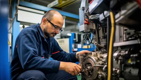 Factory worker wearing safety glasses and work overalls repairing a piece of industrial equipment in a factory, performing maintenance and problem solving tasks