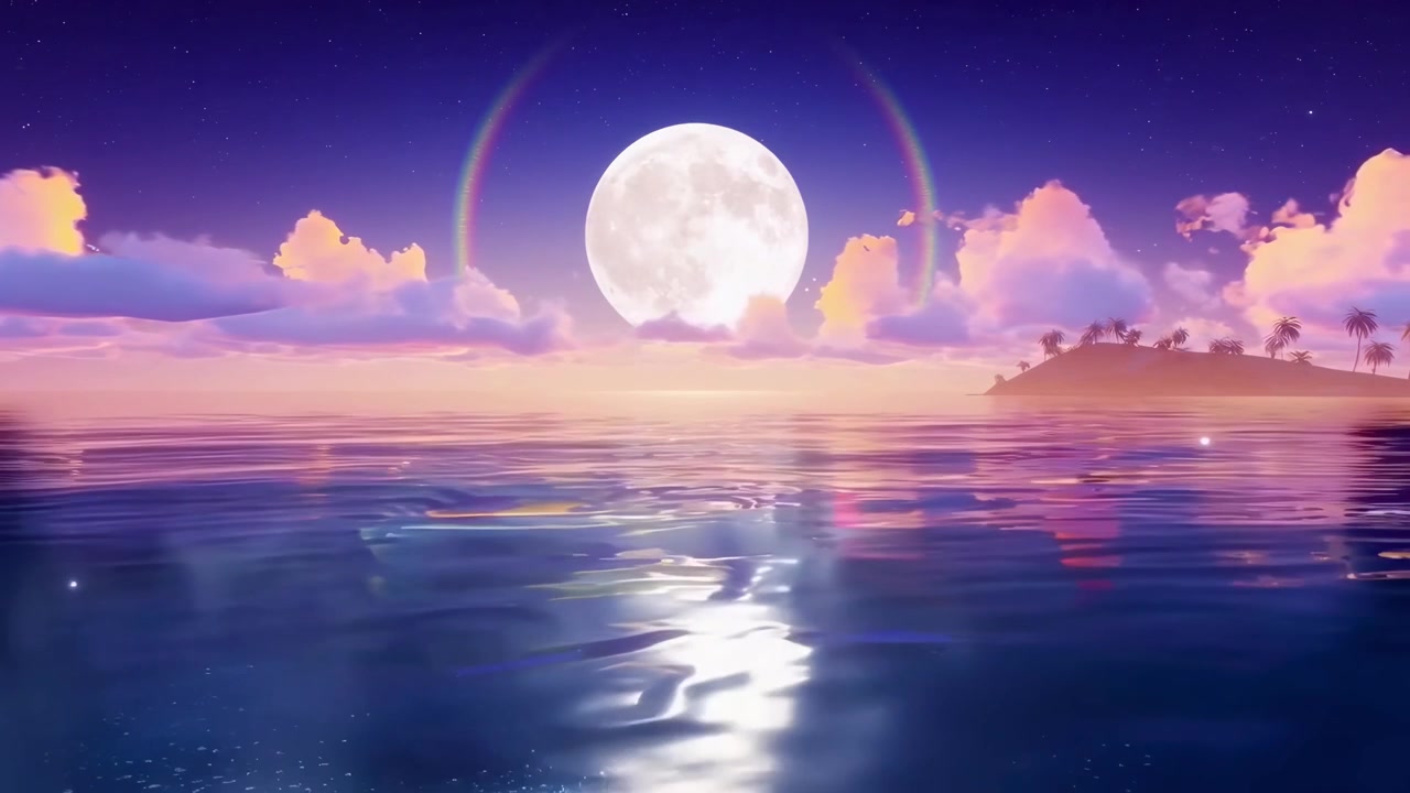 Notte tropicale sognante con luna piena, arcobaleno e oceano scintillante