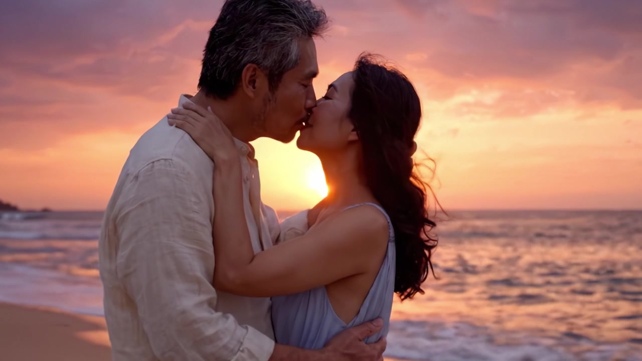 Tramonto romantico sulla spiaggia: Una coppia esprime il proprio amore in un momento intimo contro una vista mozzafiato sull'oceano, con colori vivaci e serenità.