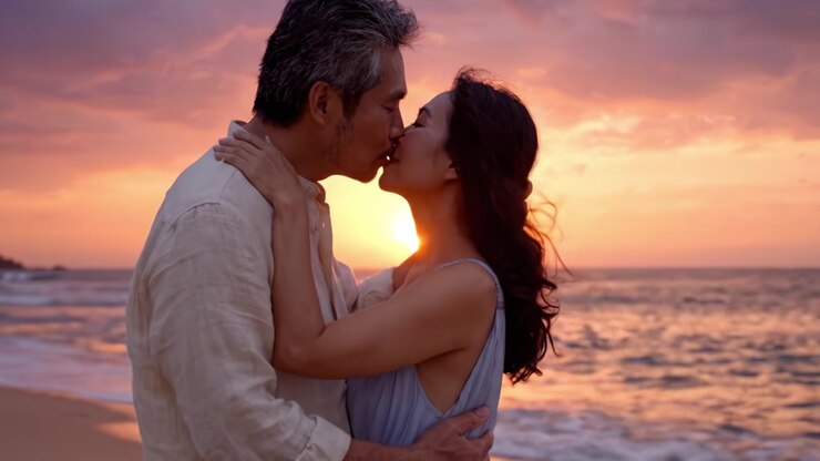 Pôr do Sol Romântico na Praia: Um Casal Expressa Seu Amor em um Momento Íntimo Contra uma Vista Deslumbrante do Oceano com Cores Vibrantes e Serenidade