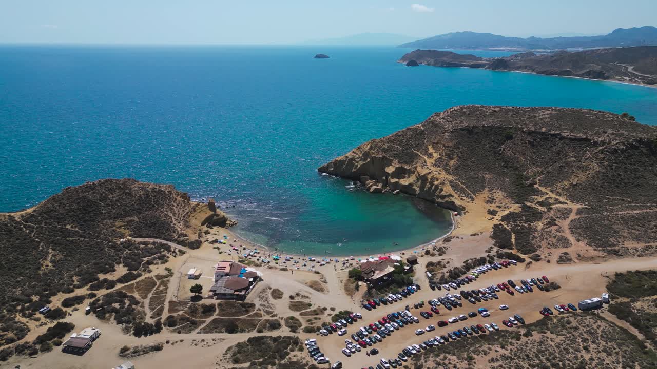 Aerial view of Playa La Carolina during a summer time season in Murcia Region - Spain