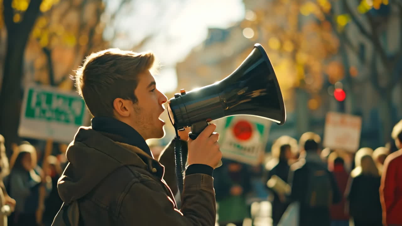Un uomo parla con un megafono in una strada trafficata. La folla si raduna nelle strade mentre l'uomo usa un megafono per condividere un messaggio durante un evento pubblico in città.