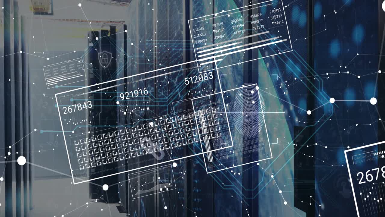 Animation of digital data processing over padlock and computer servers