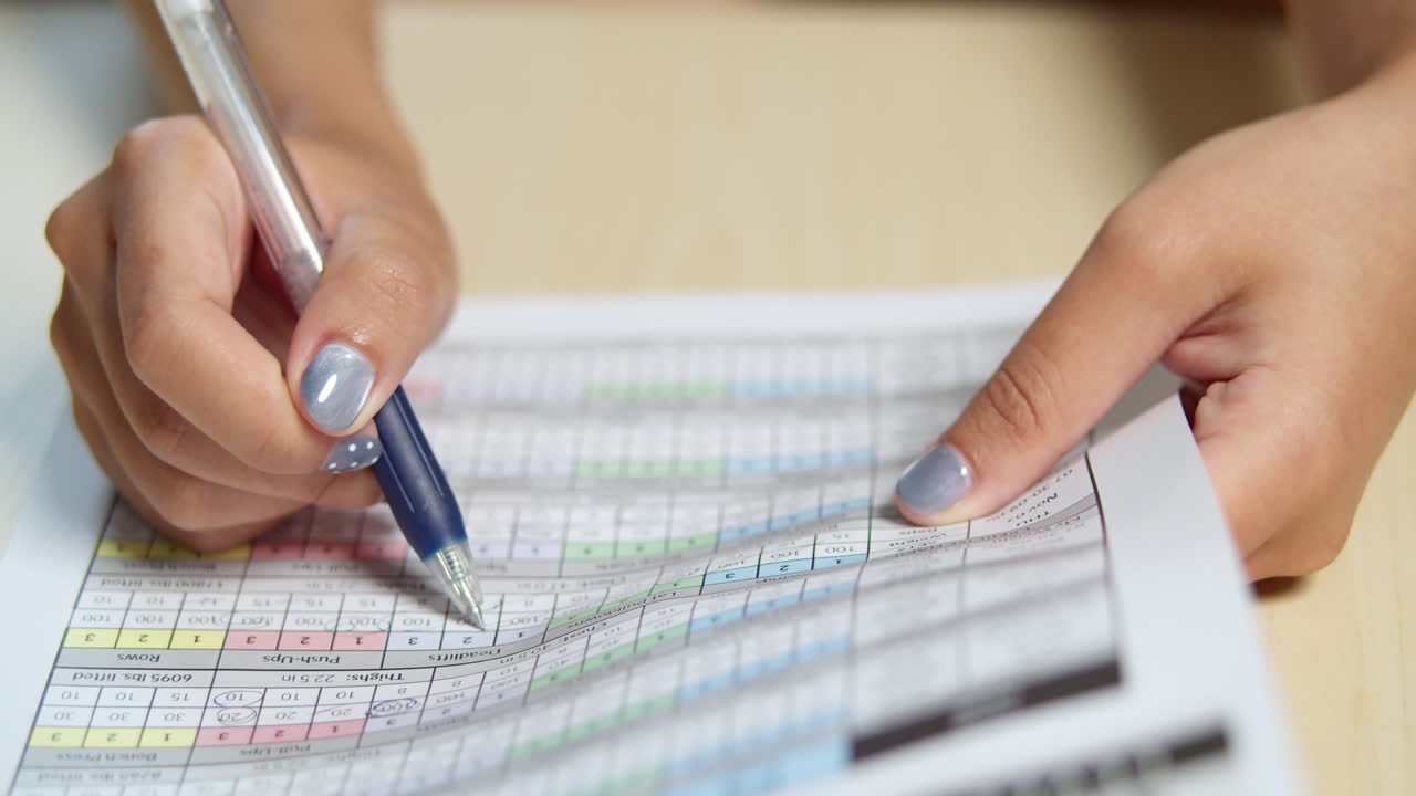 Hands write documents illustrating detailed process of reviewing paperwork in an office