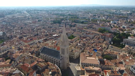 Montpellier-historical-center-Ecusson-by-drone-with-park-peyrou-in-background.