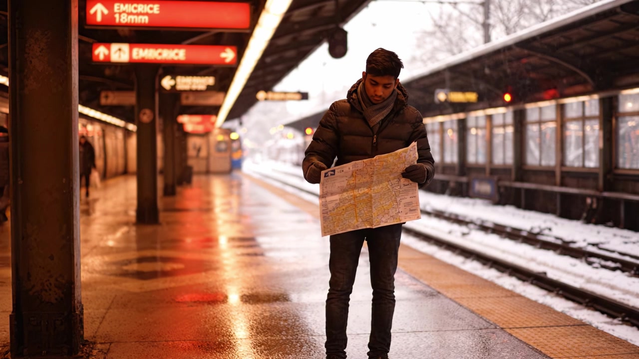 Person på en snødekt togstasjon ser på et kart mens de venter på et tog, omgitt av et rikt vinterlandskap og urban arkitektur, som reflekterer reiseusikkerhet