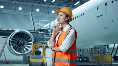 mujer ingeniera en el hangar de mantenimiento de aeronaves