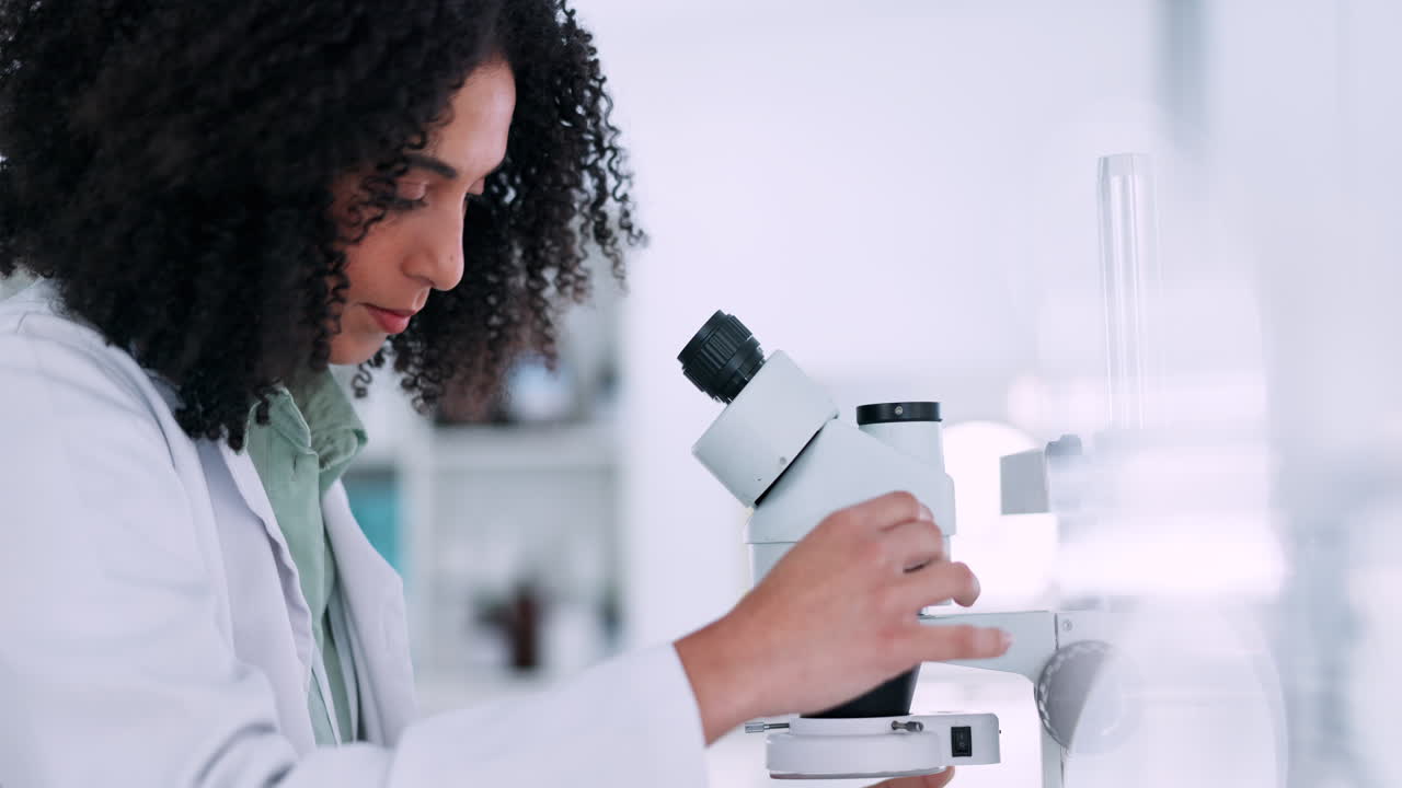 microscopio, ciencia y mujer científica trabajando