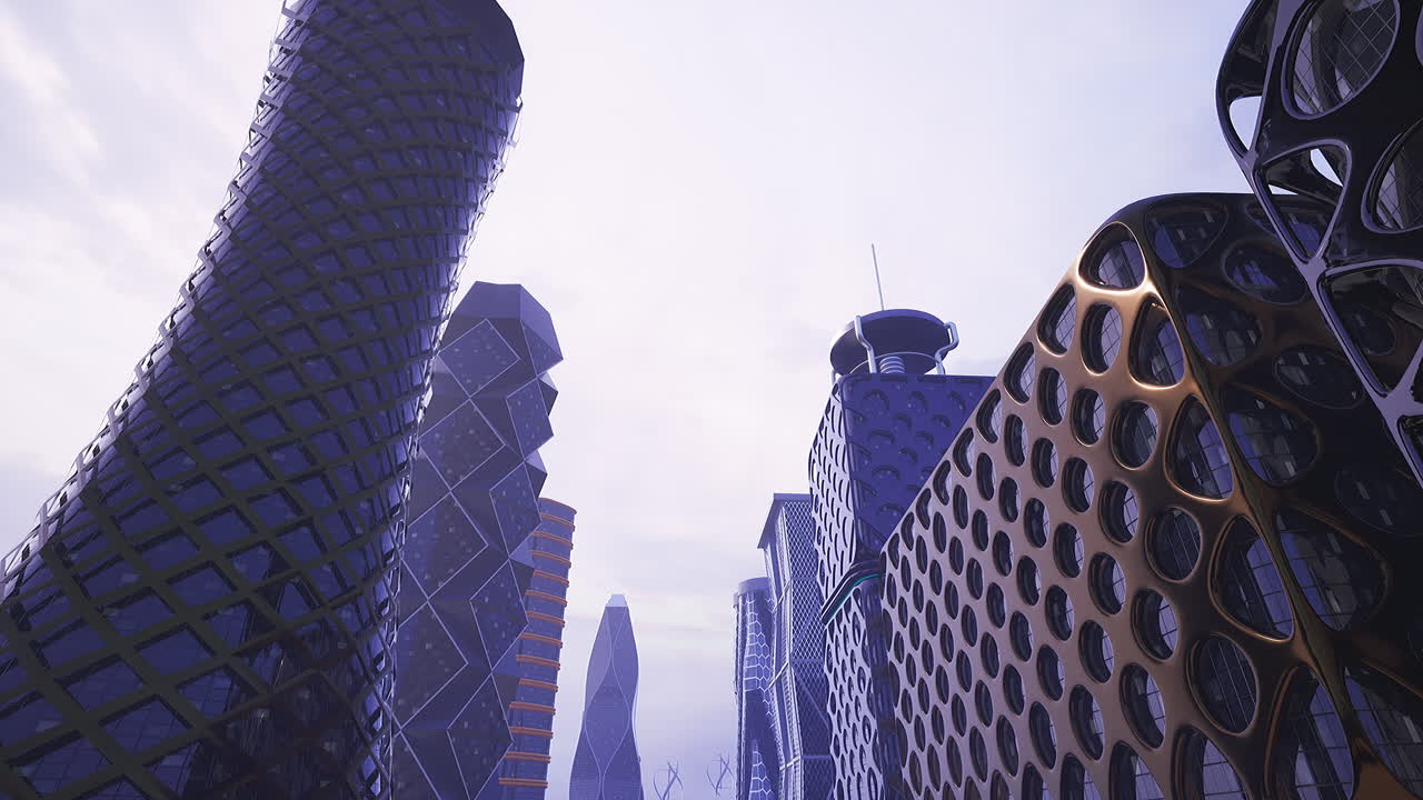 paisaje urbano futurista con altos rascacielos